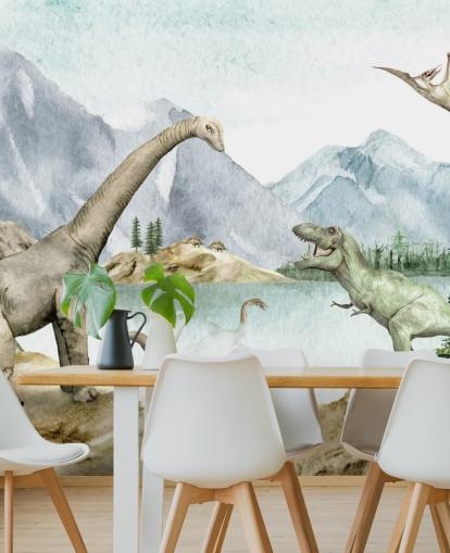 fondo de pantalla de ilustración de dinosaurios junto al lago