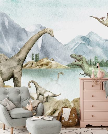dinosaurer ved innsjø illustrasjon tapet dinosaurer ved innsjø illustrasjon tapet