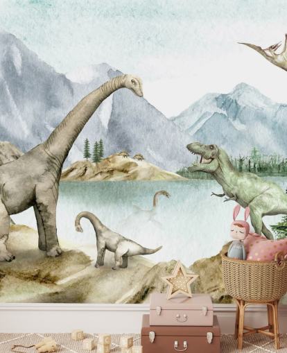 dinosaurier vid sjö illustration tapet