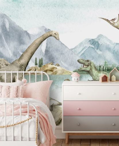 dinosaurs by lake illustration wallpaper