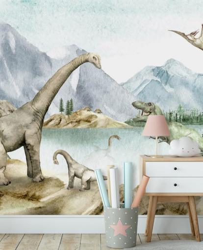fond d'écran d'illustration de dinosaures au bord du lac