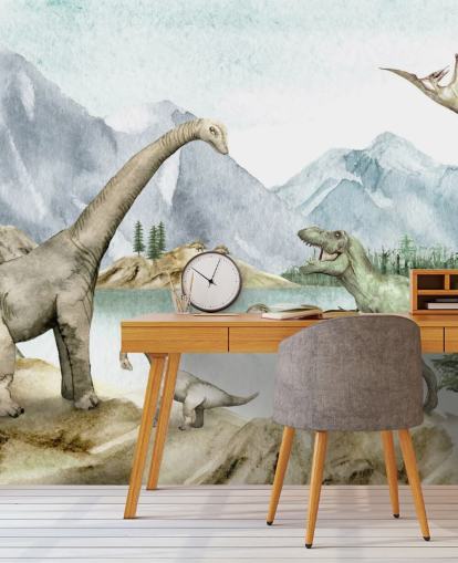 dinosaurs by lake illustration wallpaper