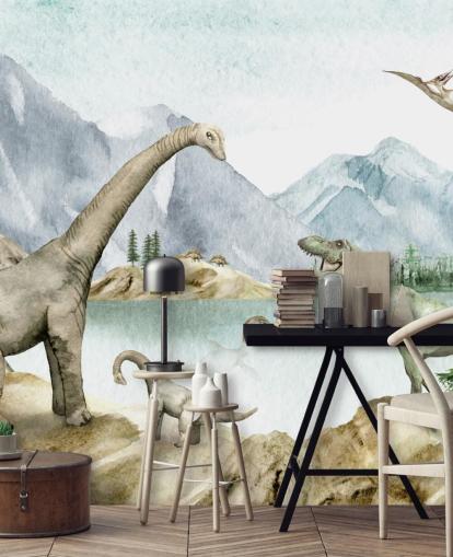 dinosaurs by lake illustration wallpaper