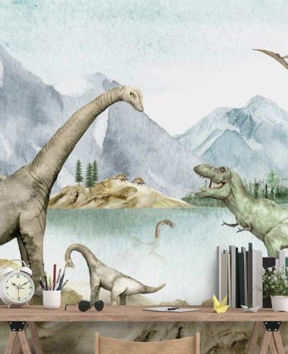 fondo de pantalla de ilustración de dinosaurios junto al lago fondo de pantalla de ilustración de dinosaurios junto al lago