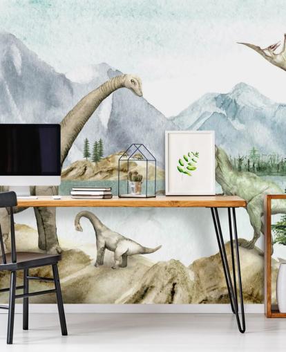 papel de parede de ilustração de dinossauros à beira do lago