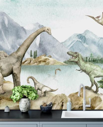 fondo de pantalla de ilustración de dinosaurios junto al lago