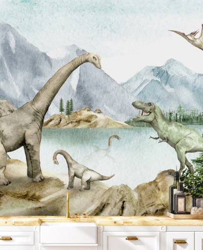 dinosaurs by lake illustration wallpaper