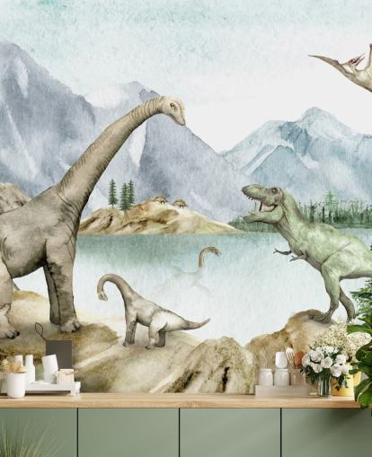 dinosaurussen bij het meer illustratie behang dinosaurussen bij het meer illustratie behang