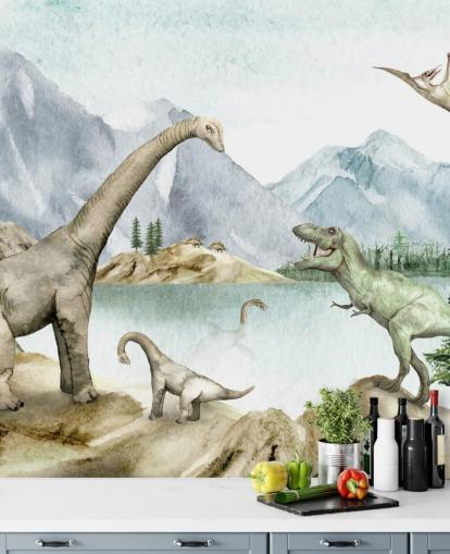 fondo de pantalla de ilustración de dinosaurios junto al lago fondo de pantalla de ilustración de dinosaurios junto al lago