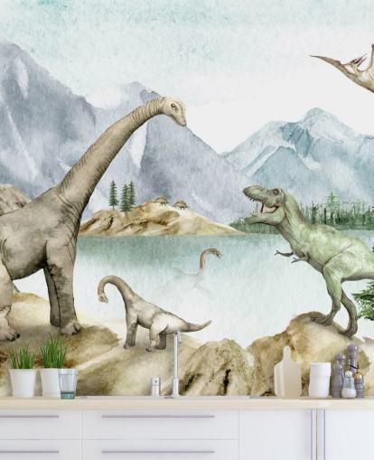 dinosaurukset järven rannalla kuvitustapetti