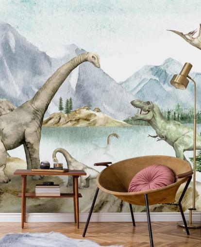 dinosaurs by lake illustration wallpaper