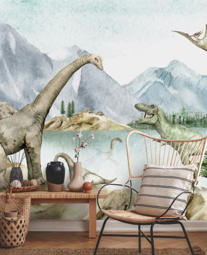 carta da parati illustrazione dinosauri sul lago carta da parati illustrazione dinosauri sul lago