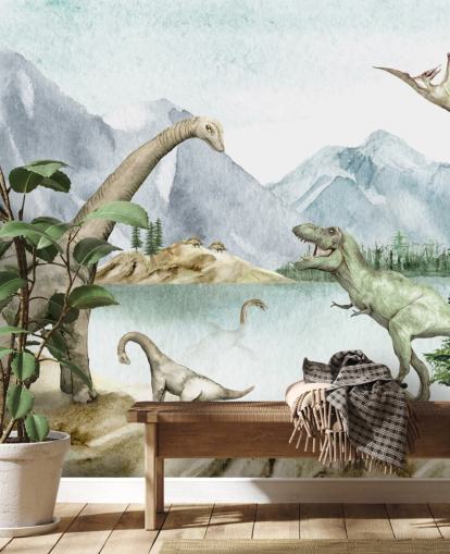 dinosaurer ved søen illustration tapet dinosaurer ved søen illustration tapet
