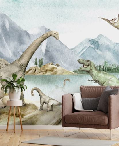 dinosaurs by lake illustration wallpaper dinosaurs by lake illustration wallpaper