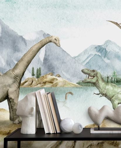 carta da parati illustrazione dinosauri sul lago