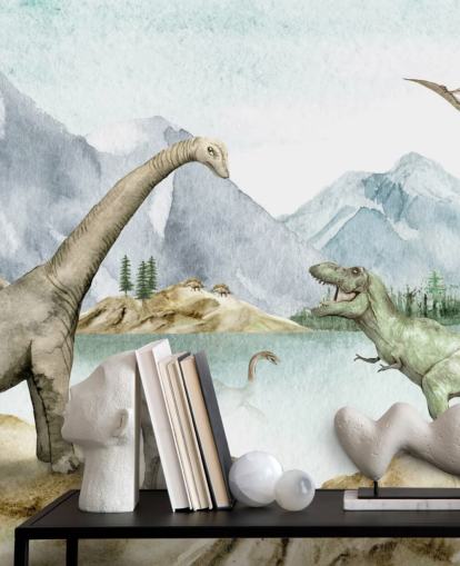 dinosaurs by lake illustration wallpaper