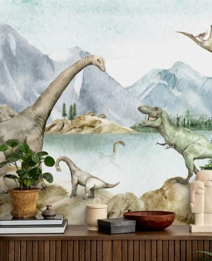 fond d'écran d'illustration de dinosaures au bord du lac