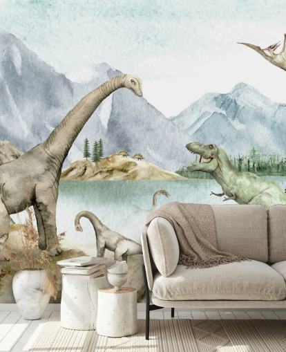 fondo de pantalla de ilustración de dinosaurios junto al lago fondo de pantalla de ilustración de dinosaurios junto al lago