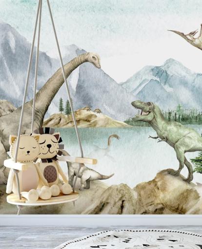 fondo de pantalla de ilustración de dinosaurios junto al lago