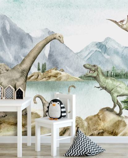 dinosaurussen bij het meer illustratie behang