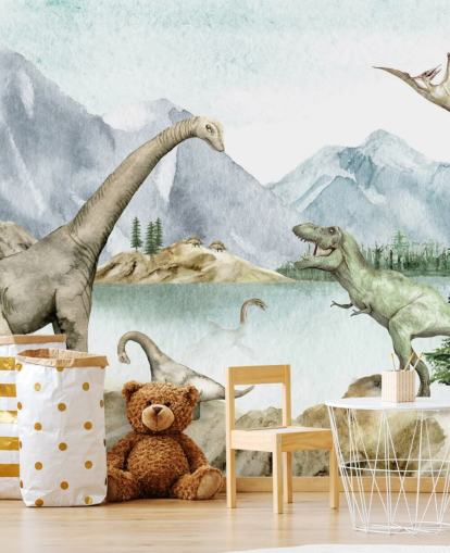 papel de parede de ilustração de dinossauros à beira do lago