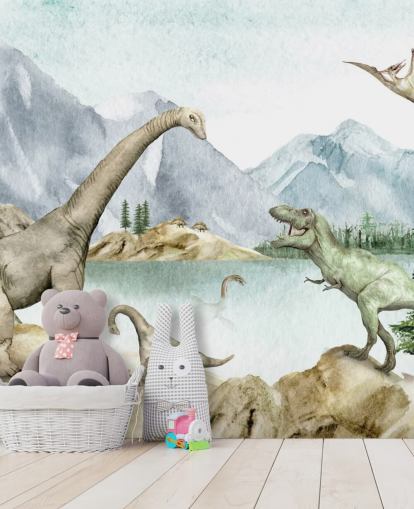 dinosaurer ved innsjø illustrasjon tapet