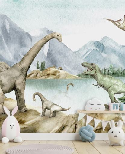fond d'écran d'illustration de dinosaures au bord du lac fond d'écran d'illustration de dinosaures au bord du lac