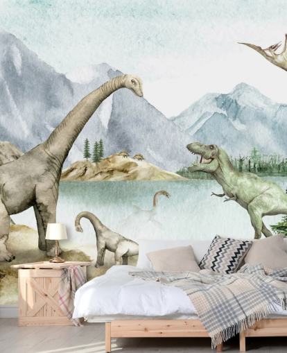 dinosaurs by lake illustration wallpaper dinosaurs by lake illustration wallpaper