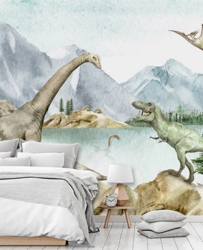 fondo de pantalla de ilustración de dinosaurios junto al lago