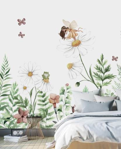 papier peint illustré de fleurs en croissance avec des fées papier peint illustré de fleurs en croissance avec des fées