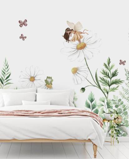 papel pintado ilustrado de flores en crecimiento con hadas 