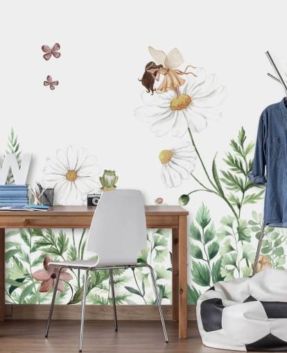 papier peint illustré de fleurs en croissance avec des fées 