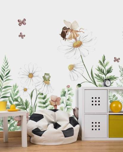 papier peint illustré de fleurs en croissance avec des fées 