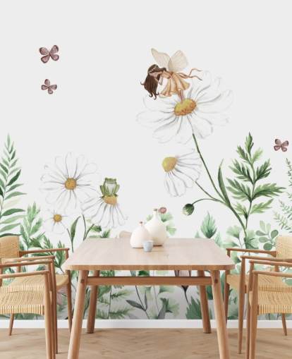 geïllustreerde groeiende bloemen met feeënbehang 