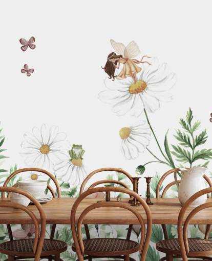 illustrerade växande blommor med älvor tapet 
