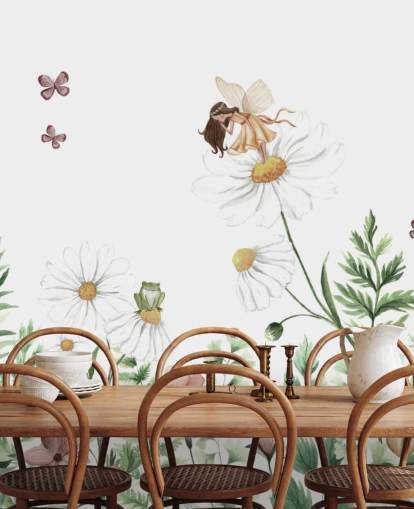 papel pintado ilustrado de flores en crecimiento con hadas 