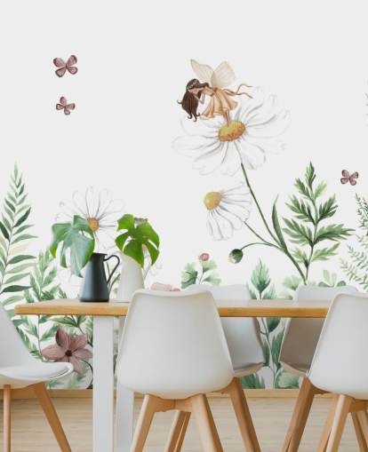 papel pintado ilustrado de flores en crecimiento con hadas 