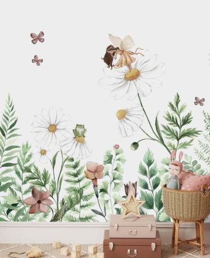 papier peint illustré de fleurs en croissance avec des fées 