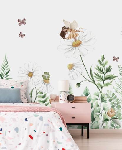 papier peint illustré de fleurs en croissance avec des fées 