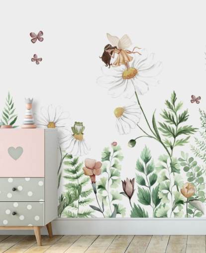 papel pintado ilustrado de flores en crecimiento con hadas 