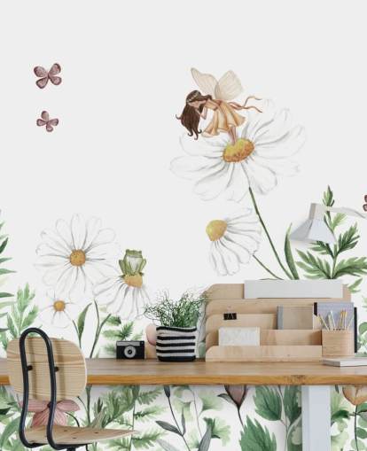 illustrerade växande blommor med älvor tapet 