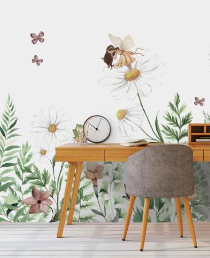 papel pintado ilustrado de flores en crecimiento con hadas 