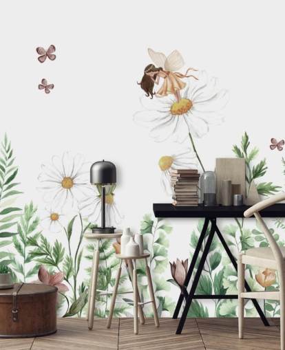 papel pintado ilustrado de flores en crecimiento con hadas 