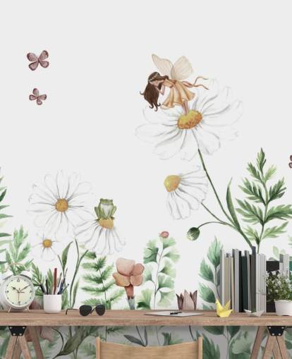 papel pintado ilustrado de flores en crecimiento con hadas 