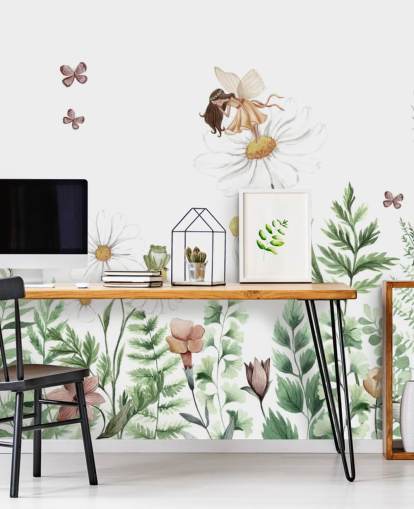 flores em crescimento ilustradas com papel de parede de fadas 