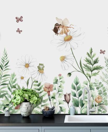 papel pintado ilustrado de flores en crecimiento con hadas papel pintado ilustrado de flores en crecimiento con hadas