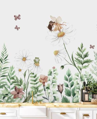 illustrerede voksende blomster med feer tapet 