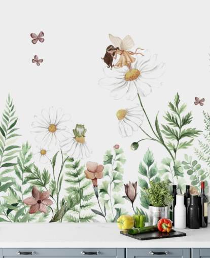 papel pintado ilustrado de flores en crecimiento con hadas 