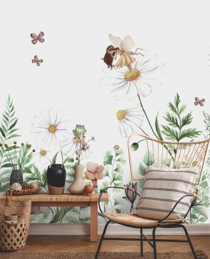 carta da parati illustrata con fiori in crescita con fate 