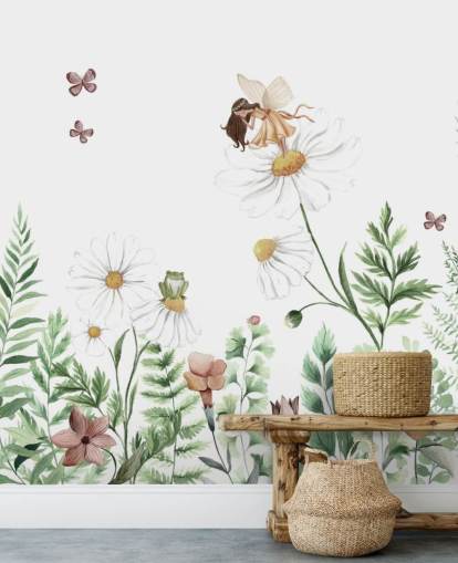 carta da parati illustrata con fiori in crescita con fate 